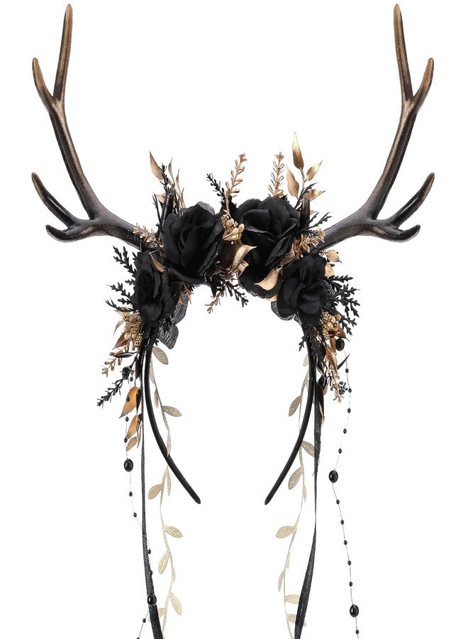 MOSTORY Black Flower Reindeer Headpiece - Dark Floral Antlers Headpiece for Goth Cosplay Dark Fairy Costume, Gothic Deer Horns Headband with Vine for Renaissance Accessories Women Witch Aesthetic - Image 1